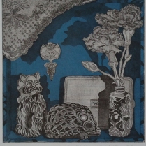 "Still Life with Carnation (Blue)." Etching with chine collé, 2013.