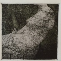 Detail from "Three Women." Etching with chine collé, 2013.
